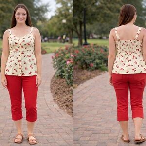 Cherry Print Drop Waist Top Cream Tank Top EUC